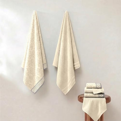 Modern Threads 6 Piece Bath Towel Set – Bathroom Towel Set with 2 Bath Towels, 2 Hand Towels & 2 Washcloths – 100% Cotton, Soft & Absorbent – Diamond Border (Ivory Cream)