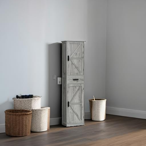 TEENFON Tall Bathroom Cabinet, Storage Cabinet with 6 Shelves & Drawer