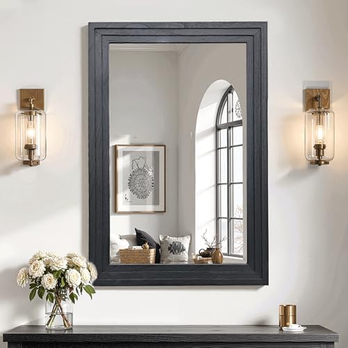 Farmhouse Rustic Wood Framed Bathroom Vanity Mirror for Wall, 24x36, Black