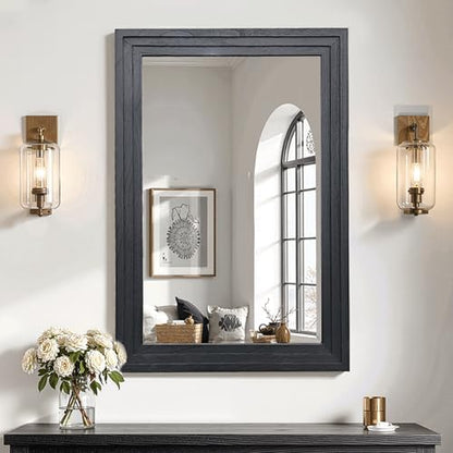 Farmhouse Rustic Wood Framed Bathroom Vanity Mirror for Wall, 24x36, Black