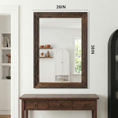 Farmhouse Rustic Wood Framed Bathroom Vanity Mirror for Wall, 26x38, Brown