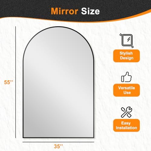 Delma Arched Bathroom Mirror, 55"x35", Black