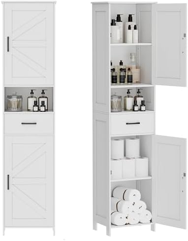 Homhedy 67" H Tall Bathroom Storage Cabinet with Barn Doors and Drawer