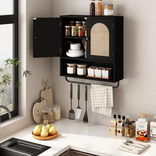 RUSTOWN Rattan Bathroom Wall Cabinet, Boho Medicine Cabinet with 2 Doors