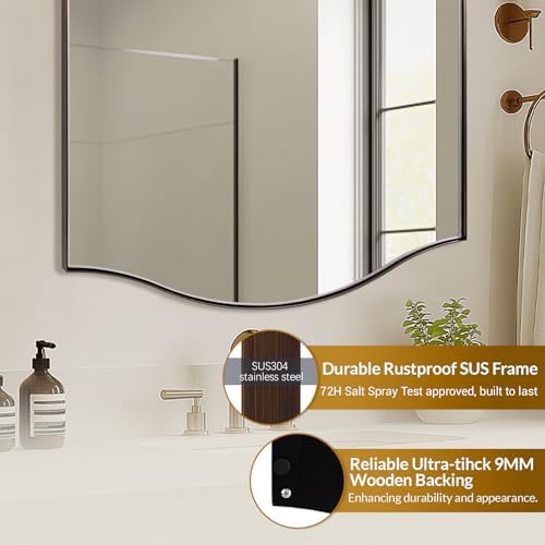 ANDY STAR 24"x30" Scalloped Mirror for Bathroom，Brushed Bronze Rectangle Wall Mirror with Curved Edge Stainless Steel Metal Frame, Wall-Mounted Mirror for Bathroom, Entryway, Living Room