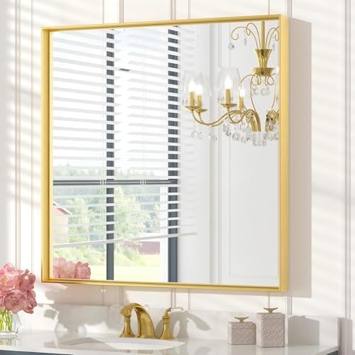 Keonjinn 30x30 Inch Brushed Gold Bathroom Mirror for Over Sink, Square