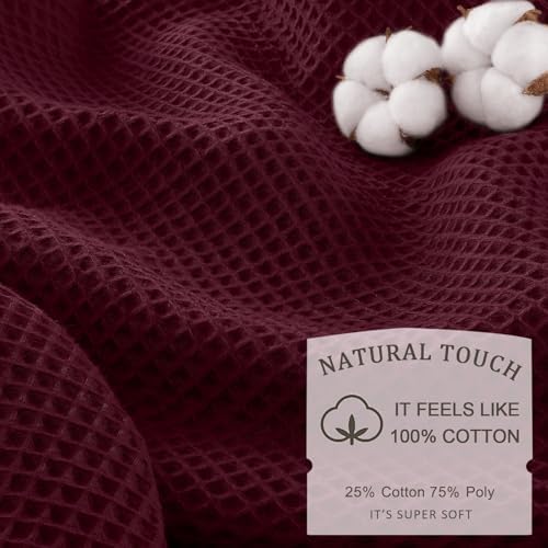 Waffle Weave Shower Curtain Heavyweight Cotton Fabric Burgundy 72Wx72L