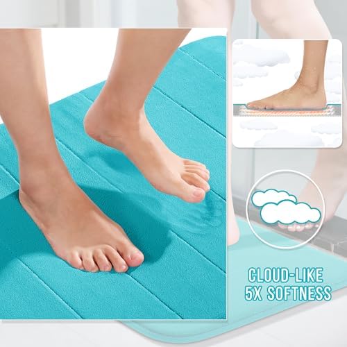 Yimobra Memory Foam Toilet Bath Mat U-Shaped, Soft and Comfortable, Super Water Absorption, Non-Slip, Thick, Machine Wash and Easier to Dry for Bathroom Commode Contour Rug, 24 X 20 Inches, Lake Blue