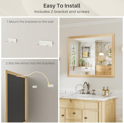 40x32 Inch Bathroom Mirror for Wall, Anti-Rust Oak Wood Grain Metal Framed Bathroom Mirrors for Over Sink,Rectangler Mirrors for Bathroom Vanity, Farmhouse, Bedroom, Living Room, Entryway Decor