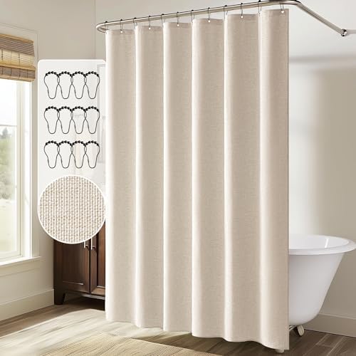 MIULEE Linen Fabric Shower Curtain Cream Beige W72*L72 12 Metal Hooks