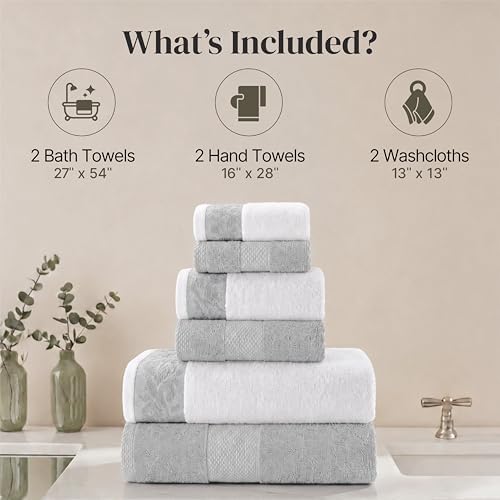 Modern Threads 6 Piece Bath Towel Set – Bathroom Towel Set with 2 Bath Towels, 2 Hand Towels & 2 Washcloths – 100% Cotton, Soft & Absorbent – Jacquard Border (Silver)