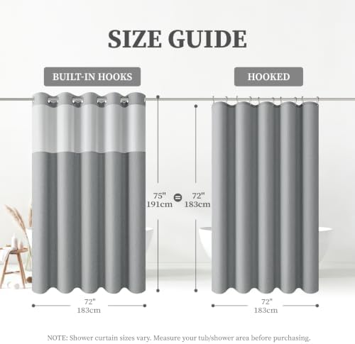 BTTN Grey Ringless Linen Textured Shower Curtain with Snap in Liner, 72x75