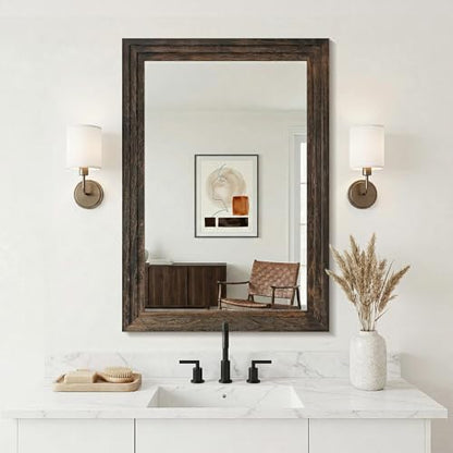 Farmhouse Rustic Wood Framed Bathroom Vanity Mirror for Wall, 24x36, Brown