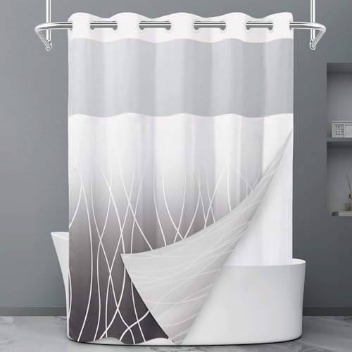 LXBNI No Hook Shower Curtain with Liner, Ombre Dark Grey, 71 x 74 Inch