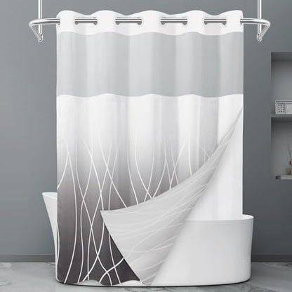 LXBNI No Hook Shower Curtain with Liner, Ombre Dark Grey, 71 x 74 Inch