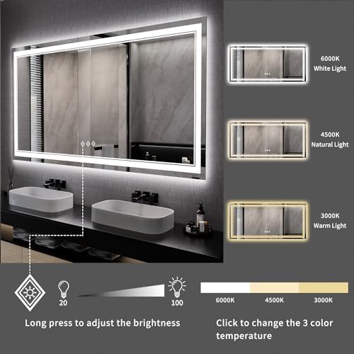 Big Bathroom Mirror, 84x40 Inch Gradient Front and Backlit Lighted Mirror, 3 Colors Dimmable CRI>90 Double Lights, IP54 Enhanced Anti-Fog, Wall Mount LED Vanity Mirror