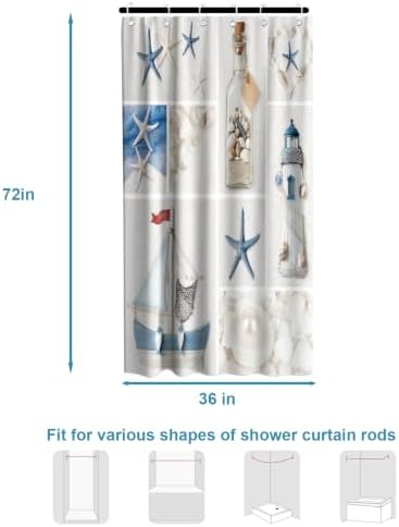 Beach Small Shower Curtain Ocean Modern Nautical Theme Fabric Aesthetic Lighthouse Seashell Bathroom Decor Sets with Grommets and Hooks 36 W x 72 H Inches Blue and White