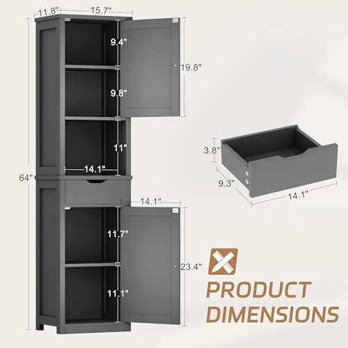 Shintenchi Tall Bathroom Storage Cabinet, Slim Corner Floor Cabinet with Doors and Drawer, Freestanding Narrow Bathroom Organizer with Adjustable Shelves for Small Space, Gray