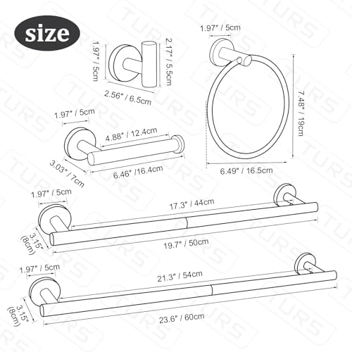TURS Matte Black 8 Pieces Bathroom Hardware Set, SUS304 Stainless Steel 24 Inch and 20 Inch Bath Towel Bar Set, Round Bathroom Accessories Kit Wall Mounted Towel Holder