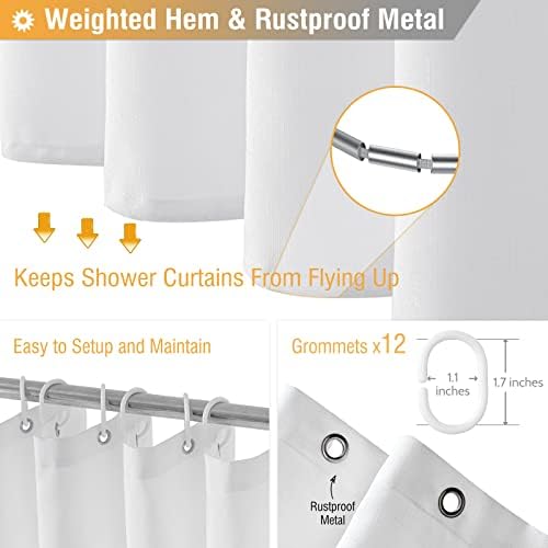 BTTN Extra Long Linen Textured Waterproof Shower Curtain Set, 72x96, White