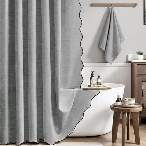 BTTN Narrow Scalloped Linen Textured Cloth Shower Curtain, 54x72, Grey/Gray