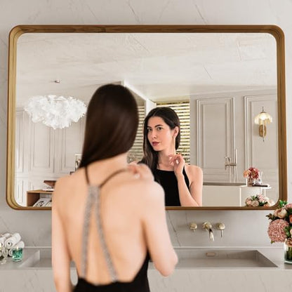 LOAAO 48X30 Inch Bathroom Mirror with Wood Grain Colored Metal Frame