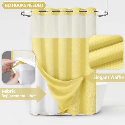 No Hook Shower Curtain with Liner Set Hotel Waffle Curtain Yellow 72W X 75L