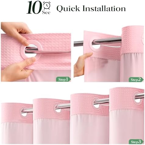 Dynamene Pink Hook Free Waffle Shower Curtain & Snap-in Fabric Liner,72x75