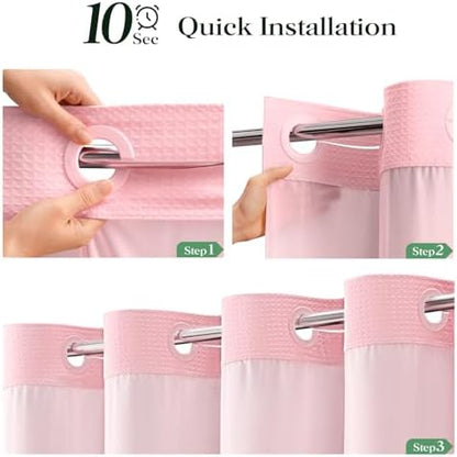 Dynamene Pink Hook Free Waffle Shower Curtain & Snap-in Fabric Liner,72x81
