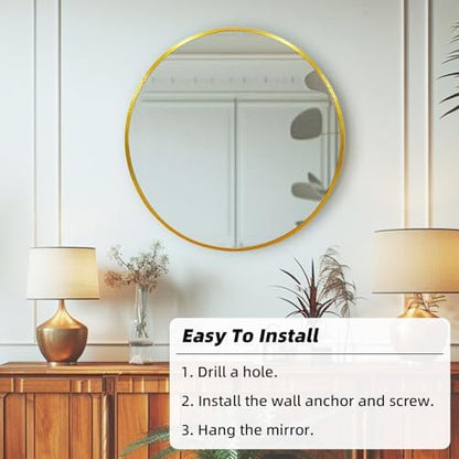 Gold Circle Mirror 24 inch, Round Mirror, Brushed Gold Metal Frame