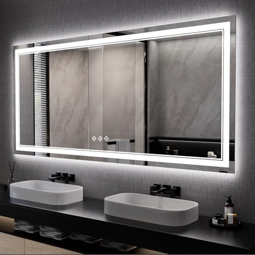 Big Bathroom Mirror, 84x40 Inch Gradient Front and Backlit Lighted Mirror, 3 Colors Dimmable CRI>90 Double Lights, IP54 Enhanced Anti-Fog, Wall Mount LED Vanity Mirror