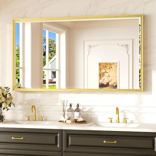 Keonjinn 55" x 30" Gold Bathroom Mirror, Beveled Edge HD Tempered Glass