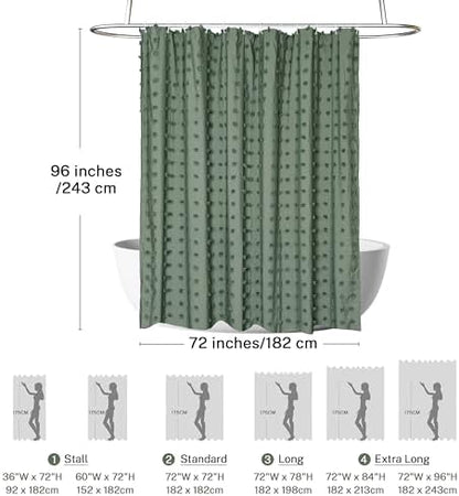 Siiluminisoy Extra Long Green Boho Shower Curtain Woven Fabric Cute Shower Curtain, 72 x 96 Tufted Pleat Floral Puffs Textured Modern Farmhouse Minimalist Shower Curtain Set with Hooks for Bathroom