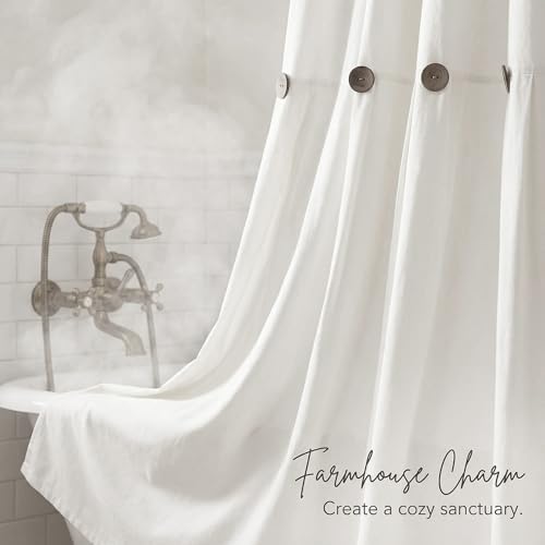 Farmhouse Shower Curtain Linen Button White 72" W x 72" L