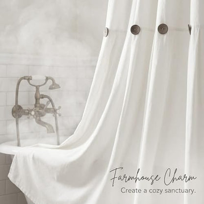 Farmhouse Shower Curtain Linen Button White 72" W x 72" L