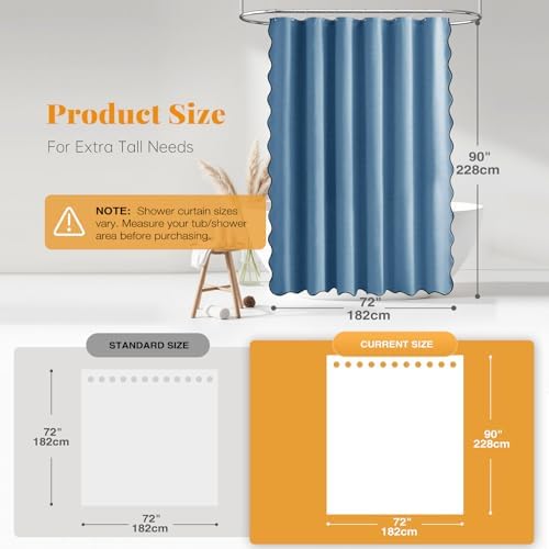 BTTN 72x90 Boho Scalloped Linen Textured Shower Curtain Set, MoonlightBlue