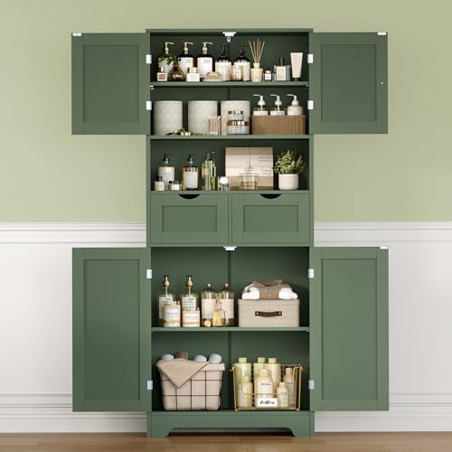 Iwell 58" H Tall Bathroom Storage Cabinet with 2 Drawers & 2 Adjustable Shelves, Bathroom Cabinet with 4 Doors, Tall Cabinet for Living Room, Dining Room, Entryway, Forest Green