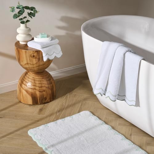 Peri Home 2 Piece Cotton Bath Towel Set, Embroidered, White, Sage Scallop