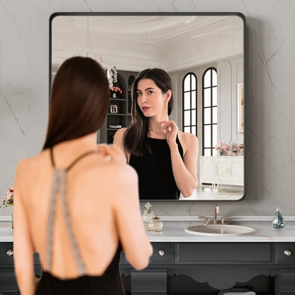 LOAAO 32X32 Inch Black Metal Framed Bathroom Mirror for Wall
