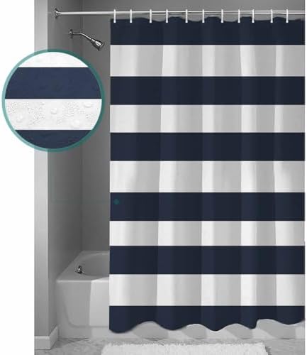 Shower Curtain Bathroom Set Navy Blue and White Stripe Waterproof Shower Curtains with Grommets Hooks Classic Texture Privacy Bath Curtain for Bathtub Decor 72x78in