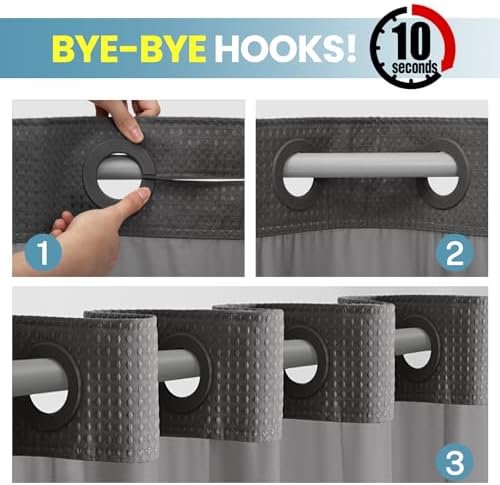 No Hook Waffle Shower Curtain with Snap in Liner Set, 71x80, Dark Grey