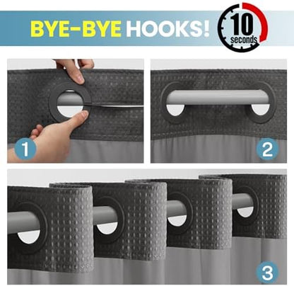 No Hook Waffle Shower Curtain with Snap in Liner Set, 71x86, Dark Grey
