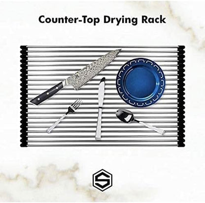 Strictly Sinks Stainless Steel Roll Up Dish Drying Rack – Black 16 Inch Over The Sink Drying Rack Ideal for Apron Workstation Sinks Only – Multipurpose Foldable Dish Rack (16-3/8″ x 13″ x 3/8″)