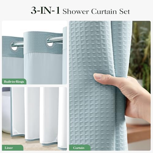 Dynamene Fog Blue Hook Free Waffle Shower Curtain & Snap-in Liner,72x87