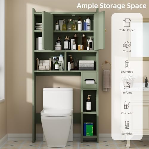 Shintenchi Over the Toilet Storage Cabinet, Bathroom Storage Cabient with Barn Doors, Bathroom Storage Shelf Organizer with Toilet Paper Holder, Adjustable Shelf and Anti-Tip Device, Green