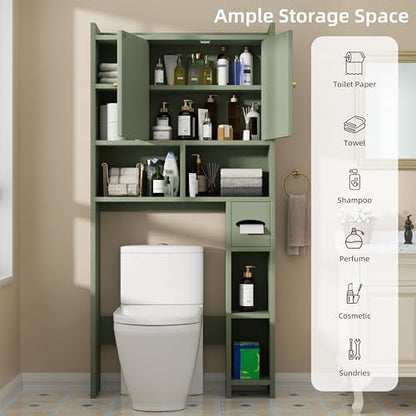 Shintenchi Over the Toilet Storage Cabinet, Bathroom Storage Cabient with Barn Doors, Bathroom Storage Shelf Organizer with Toilet Paper Holder, Adjustable Shelf and Anti-Tip Device, Green
