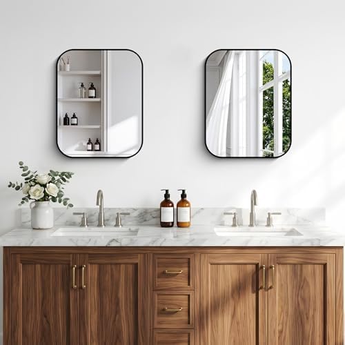 BONEWEI 16x20 inch Bathroom Mirror,Black Rectangle Mirror,Wall Mounted Bathroom Frame Vanity Mirror with Round Corner for Bedroom Living Room,Entryway Hangs Horizontal or Vertical