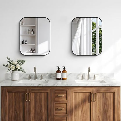 BONEWEI 16x20 inch Bathroom Mirror,Black Rectangle Mirror,Wall Mounted Bathroom Frame Vanity Mirror with Round Corner for Bedroom Living Room,Entryway Hangs Horizontal or Vertical