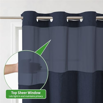 eachope No Hook Fabric Shower Curtain with Snap-in Liner,71x74 Navy Blue