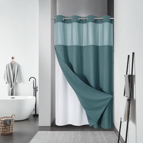 eachope SeawedGreen No Hook Waffle Weave Shower Curtain with snap-in Liner Replacement, 230GSM Waterproof Fabric Hotel Shower Curtain Set for Bathroom, Through Mesh Top Window,54Wx80H